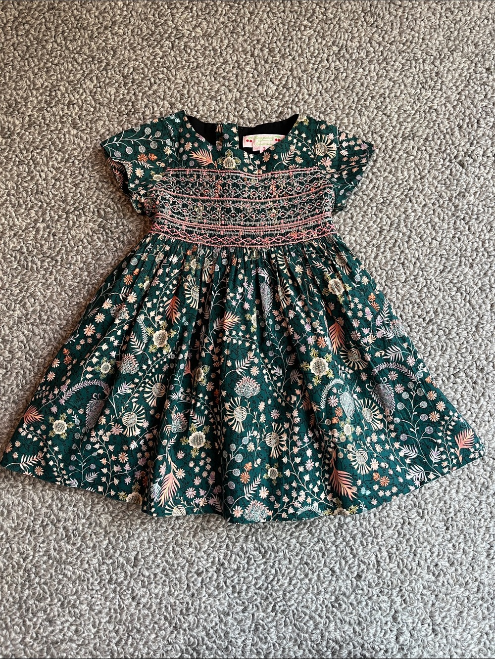 Bonpoint Green Floral Smocked Cotton Dress with Pink Accents